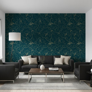 Papel Pintado Elegante Whimsical Gold Floral Patrón oscuro Verde