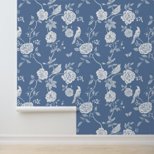 Papel Pintado Elegantes Aves Florales Blue Toile