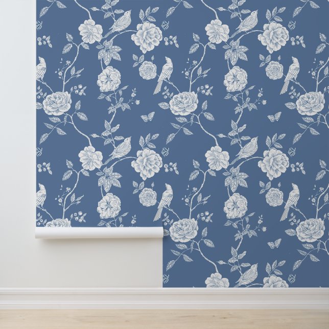 Papel Pintado Elegantes Aves Florales Blue Toile (Solicitud)