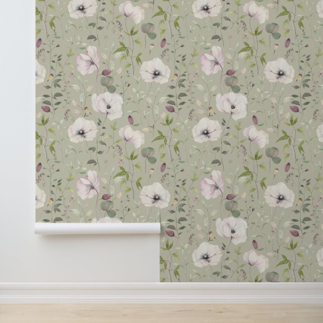 Papel Pintado Elegantes Cachorros Blancos Patrón Floral Mist Ver (Solicitud)