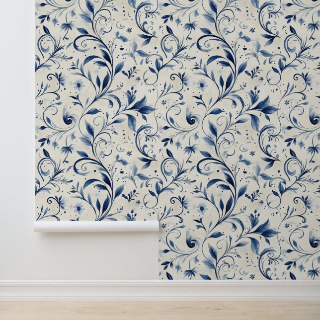 Papel Pintado Elegantes hojas de paisley azul - fondo blanco (2) (Solicitud)