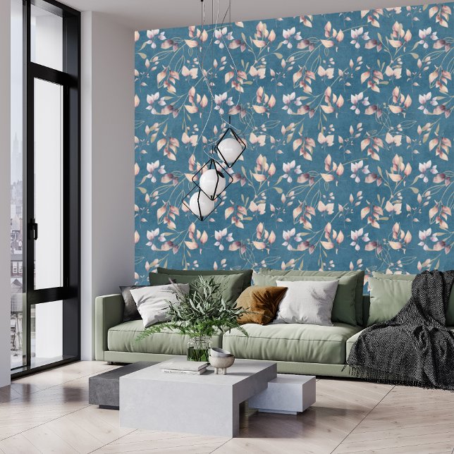 Papel Pintado Elegantes Hojas De Piedra Rosa Y Oro En Azul (Subido por el creador)