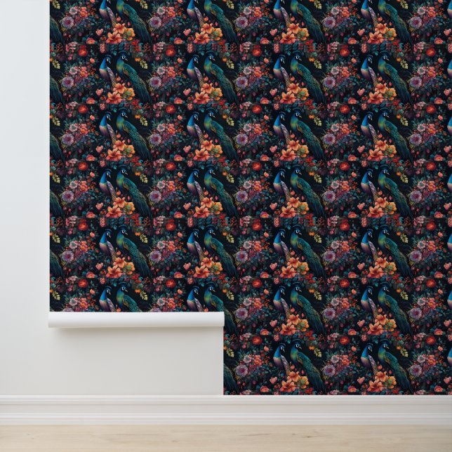 Papel Pintado Elegantes pavos reales azules en un jardín de flor (Solicitud)