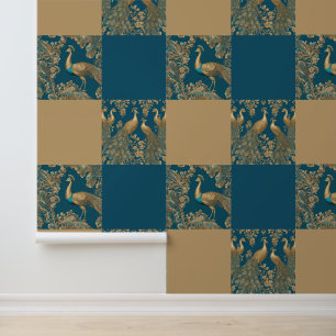 Papel Pintado Elegantes Pavos Reales Patrón Azul Falso Dorado Co