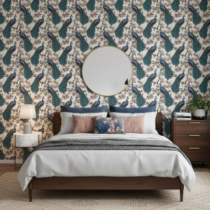 Papel Pintado Elegantes pavos reales y flores de magnolia marfil