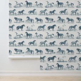 Papel Pintado Elegantes razas de caballos vintage patrón azul po