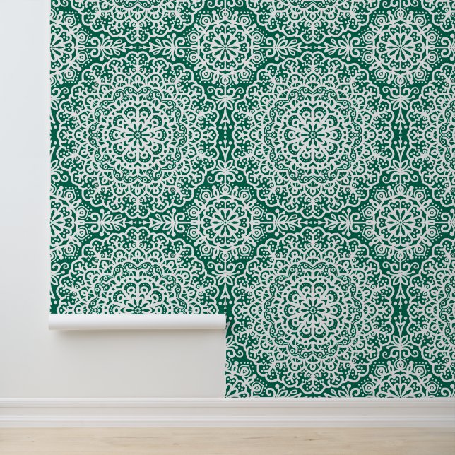 Papel Pintado Encaje blanco Mandala de color verde esmeralda (Solicitud)