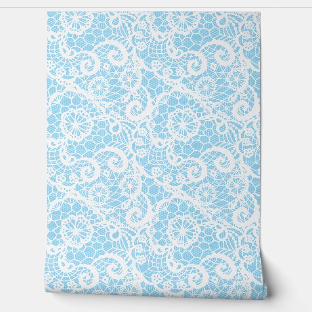 Papel Pintado Encaje blanco sobre azul claro (Desenrollar)