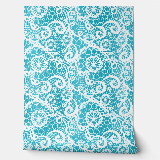 Papel Pintado Encaje blanco sobre turquesa (Desenrollar)