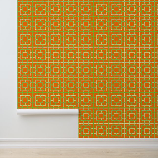 Papel Pintado Enrejado de bambú groovy - Naranja y lima (Solicitud)