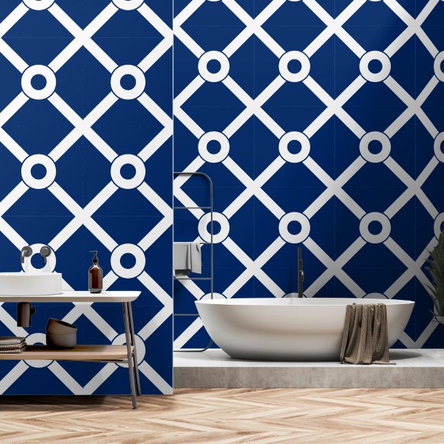 Papel Pintado Entramado moderno azul y blanco de la Marina (Baño)