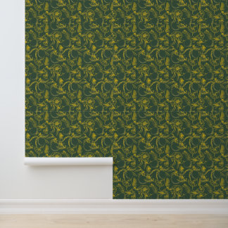 Papel Pintado Esbozo de limón amarillo en verde oscuro