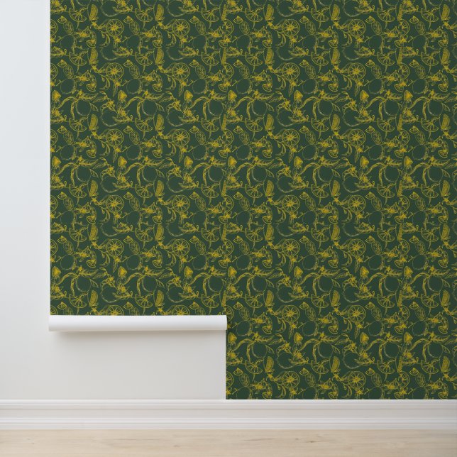 Papel Pintado Esbozo de limón amarillo en verde oscuro (Solicitud)