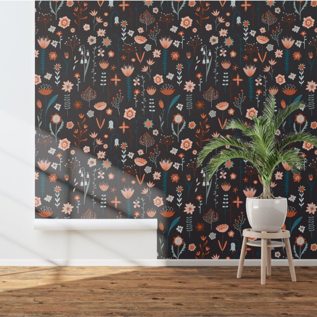 Papel Pintado Escandinavia Floral Dark (Scandinavian floral dark art wallpaper)