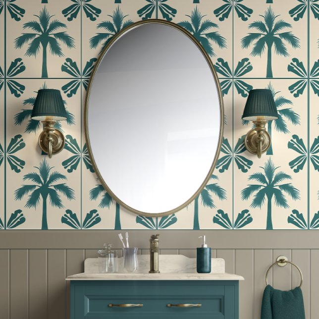 Papel Pintado Escape de palmas tropicales - Verde, Beige - Costa (Vibrant Cabana Peel and Stick Wallpaper )