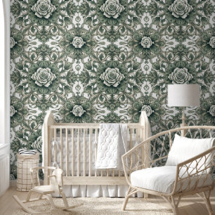 Papel Pintado Escape floral verde y blanco apacible