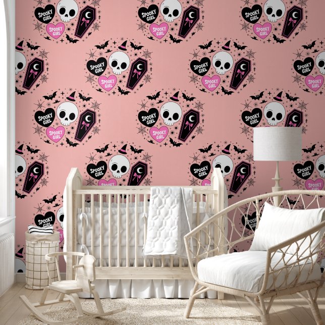Papel Pintado Espeluznante Chica Gótico rosado Halloween Patrón  (Niños)