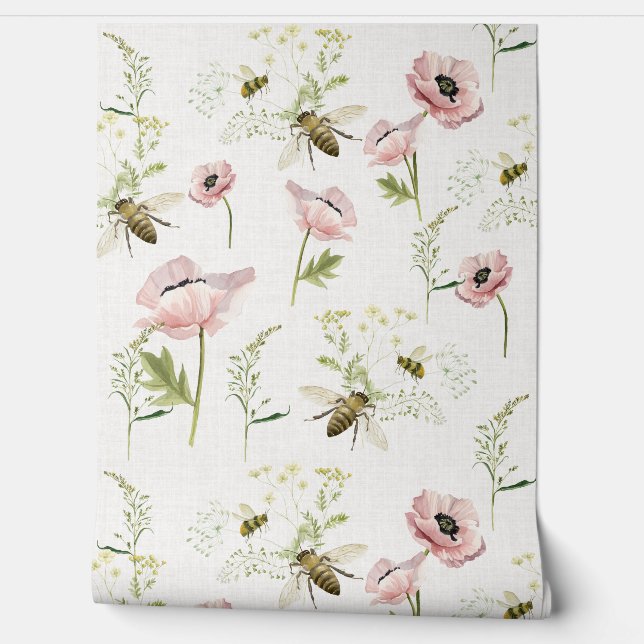 Papel Pintado Espías, abejas, acuarela de flores silvestres (Desenrollar)