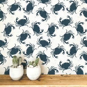 Papel Pintado Estampado costero azul añil y blanco con cangrejo