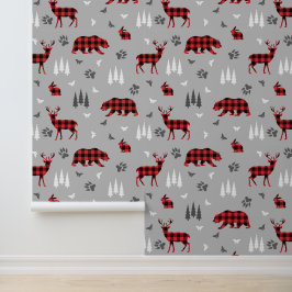 Papel Pintado Estampado de animales del bosque con cuadros de bú