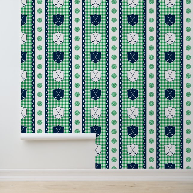 Papel Pintado Estampado de cresta de golf a cuadros en verde y a (Solicitud)