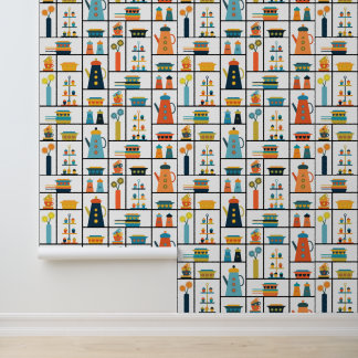 Papel Pintado Estantes De Cocina Modernas De Estilo Retro De Med