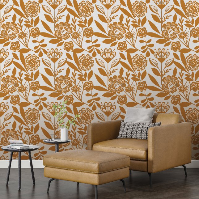 Papel Pintado Estilo de país moderno Patrón floral amarillo negr (Modern Country Style Bold Yellow Floral Pattern Wallpaper)