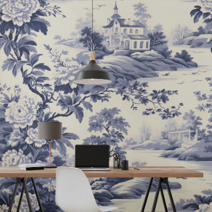 Papel Pintado Estilo Francés Azul Toile De Jouy 