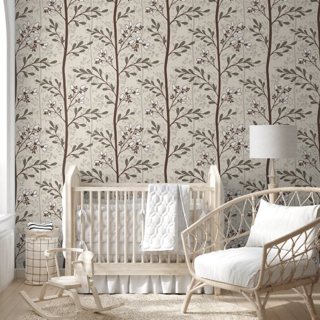 Papel Pintado Estilo Japandi de raya floral terroso (Niños)