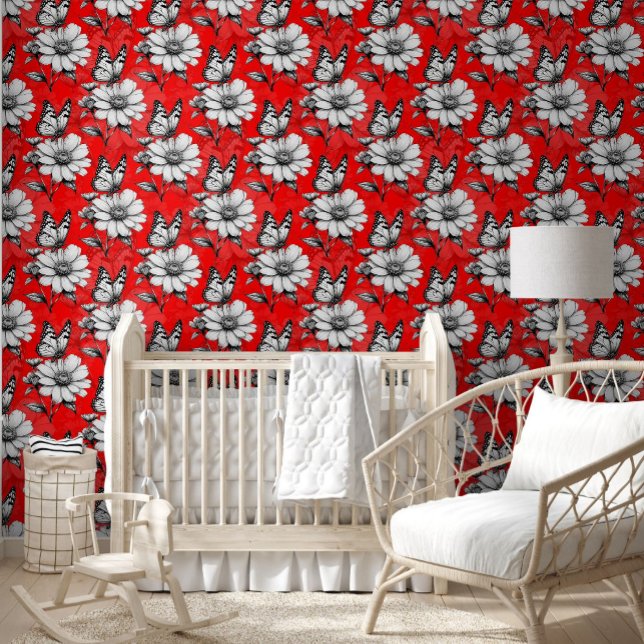 Papel Pintado Estilo Rojo De Moda De Mariposa En Patrón De Flor (Subido por el creador)