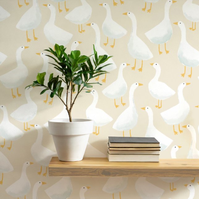 Papel Pintado Estilo Suave Neutral con Patrón de Ganso Caprichos (Goose geese art neutral farmhouse or nursery wallpaper)