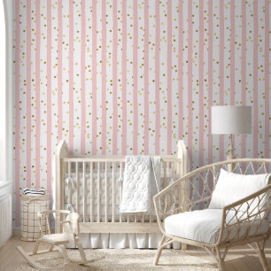 Papel Pintado Estiloso raya rosa vertical y confeti dorado