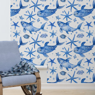Papel Pintado Estrella de mar pez náutico azul