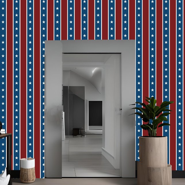 Papel Pintado Estrellas americanas y franjas Azul blanco rojo ve (Red white & blue peel and stick wallpaper for DIY 4th of July decorating, Americana stripes pattern)