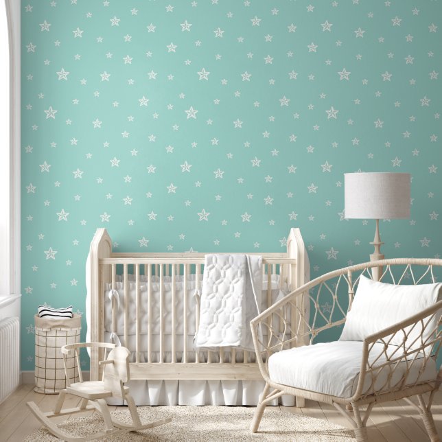 Papel Pintado Estrellas blancas dispersas en color Aquamarine (Niños)