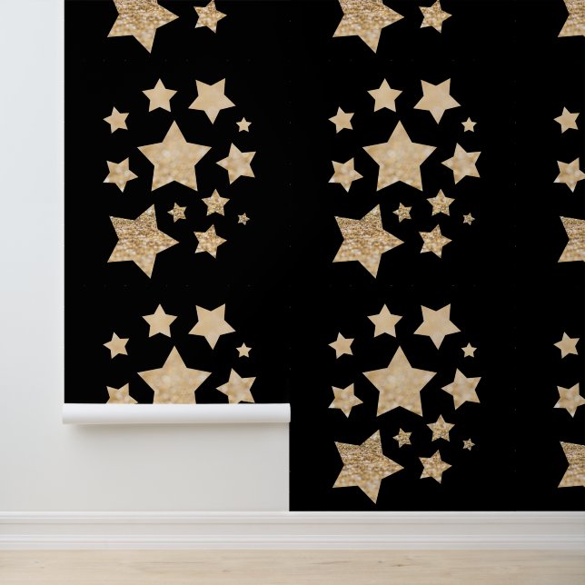 Papel Pintado Estrellas brillantes de oro Feliz Navidad negro (Solicitud)
