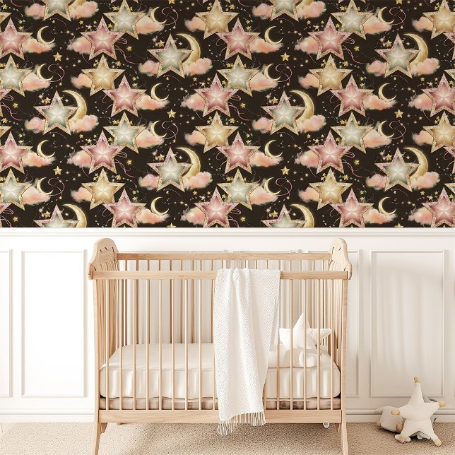 Papel Pintado Estrellas celestes rosadas y doradas y lunas negra (Subido por el creador)