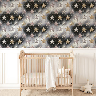 Papel Pintado Estrellas Celestiales Doradas, Plateadas y Rosadas