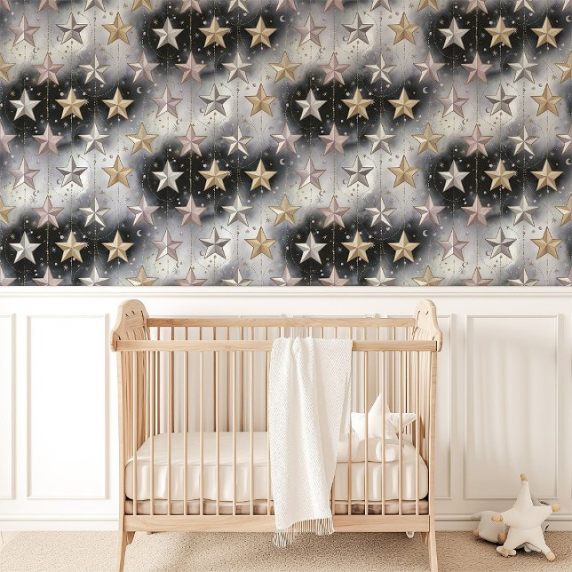 Papel Pintado Estrellas Celestiales Doradas, Plateadas y Rosadas (Subido por el creador)