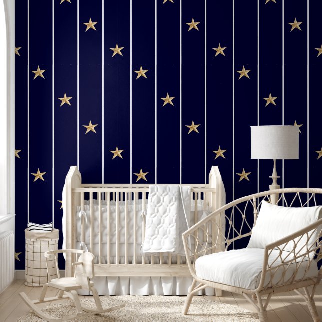 Papel Pintado Estrellas de oro de la marina azul franjas blancas (Niños)