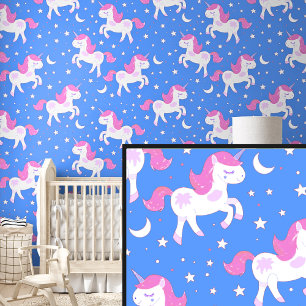 Papel Pintado Estrellas de Unicornio rosa blanco sobre azul