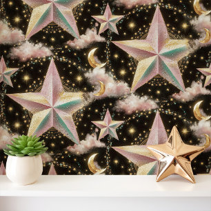 Papel Pintado Estrellas iridiscentes y lunas de oro sobre negro