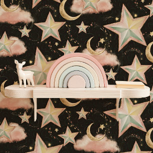 Papel Pintado Estrellas rosadas y doradas y luna Celestial