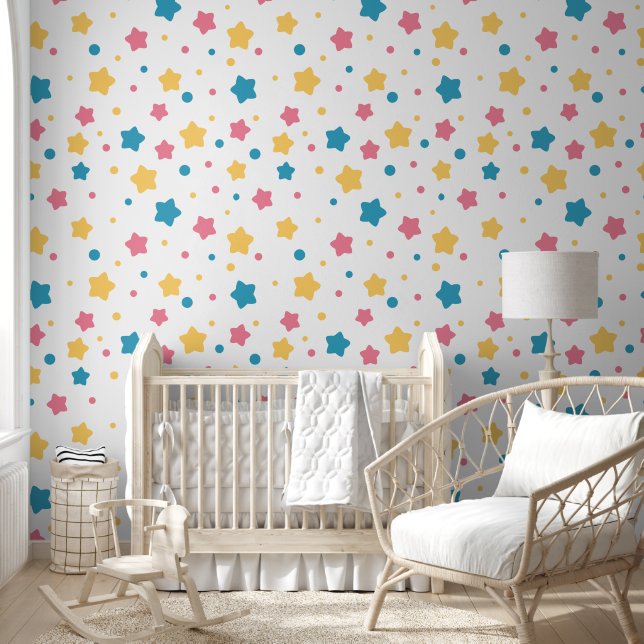 Papel Pintado Estrellas rosas, amarillas y azules sobre el patró (Niños)