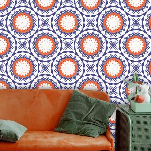 Papel Pintado Étnica popular Talavera Naranja azul geométrico bl