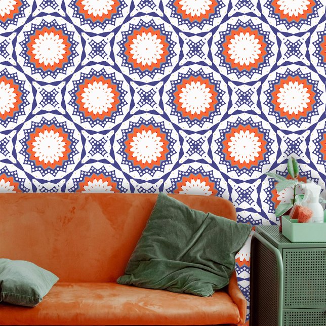 Papel Pintado Étnica popular Talavera Naranja azul geométrico bl (Subido por el creador)
