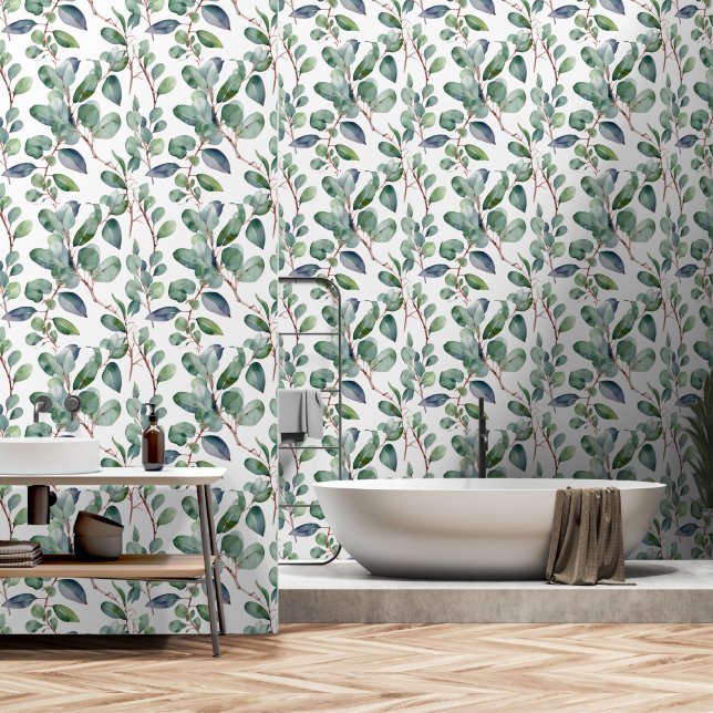 Papel Pintado Eucalyptus Greenery deja un verde blanco elegante (Baño)