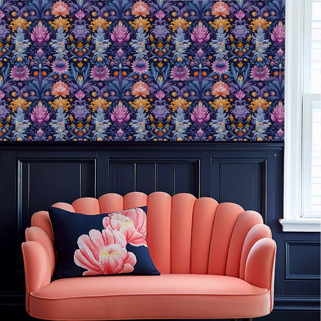 Papel Pintado Fairycore All Watching Purple & Naranja Floral (Fairycore All-Watching Purple & Orange Floral Wallpaper above a coral scalloped sofa.)