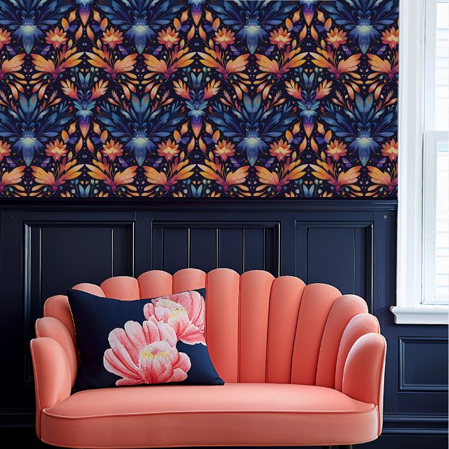 Papel Pintado Fairycore Eetral Azul y Naranja Floral (Fairycore Ethereal Blue and Orange Floral Wallpaper above a coral scalloped sofa.)