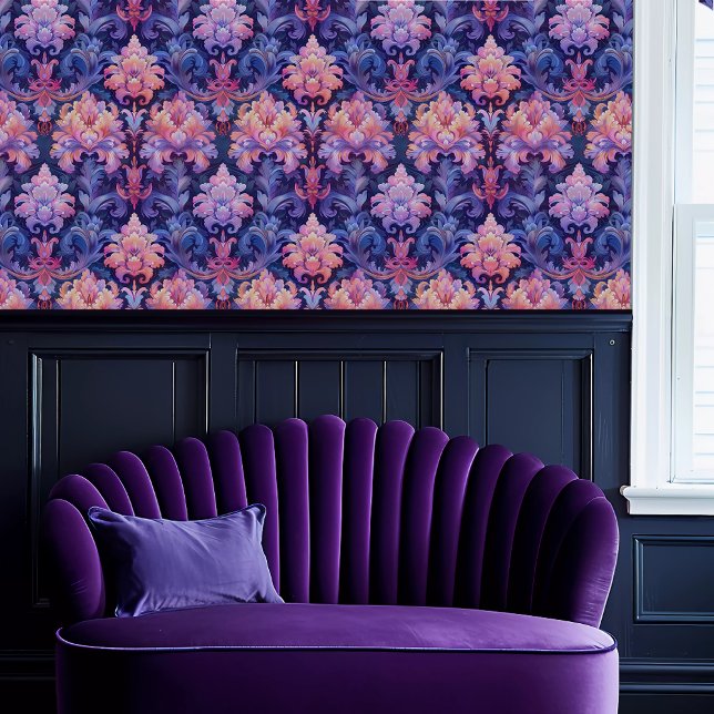 Papel Pintado Fairycore Elegant Fleur (Fairycore Elegant Fleur Wallpaper above a purple scalloped sofa.)